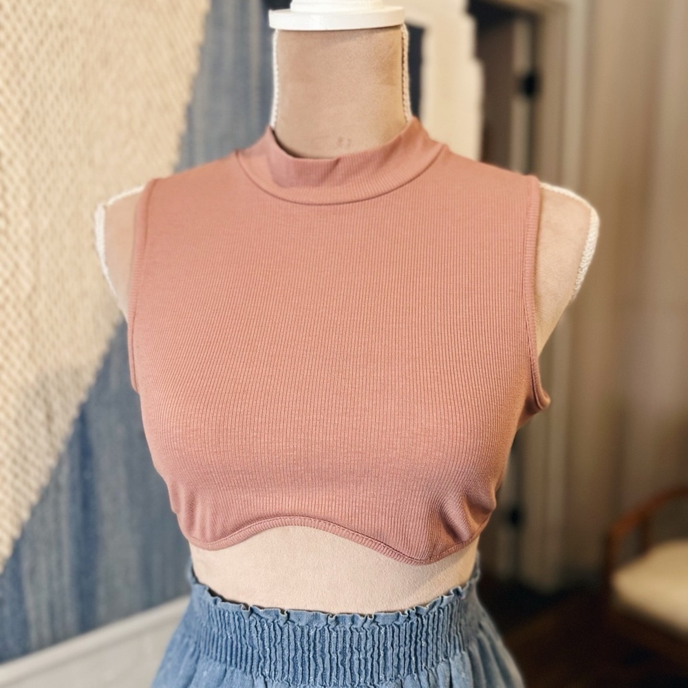 PhiPhi Cotton Blend Dusty Rose Ribbed Mock Neck Crop Top